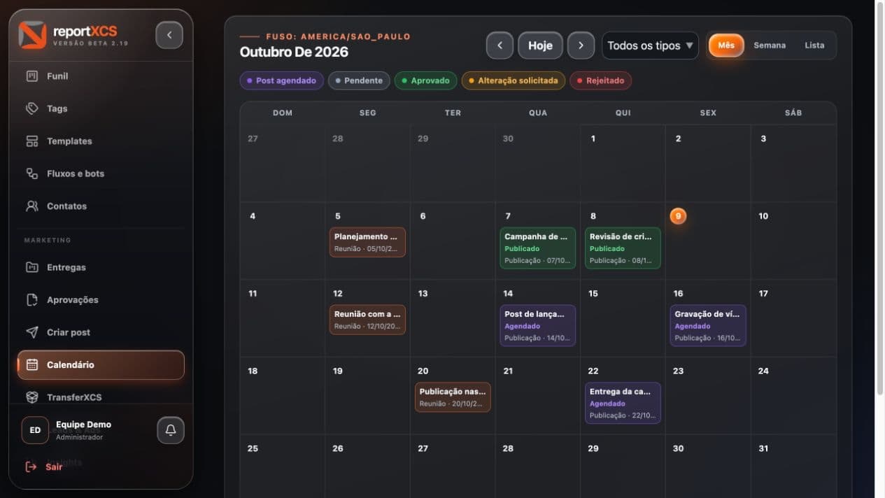 Marketing do reportXCS em modo escuro: Calendário de publicações e entregas